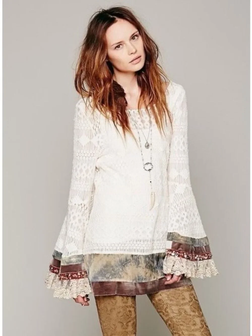 RARE Free People Embellished Bell Sleeve Lace Tunic Mini Dress S/M | Boho Indie